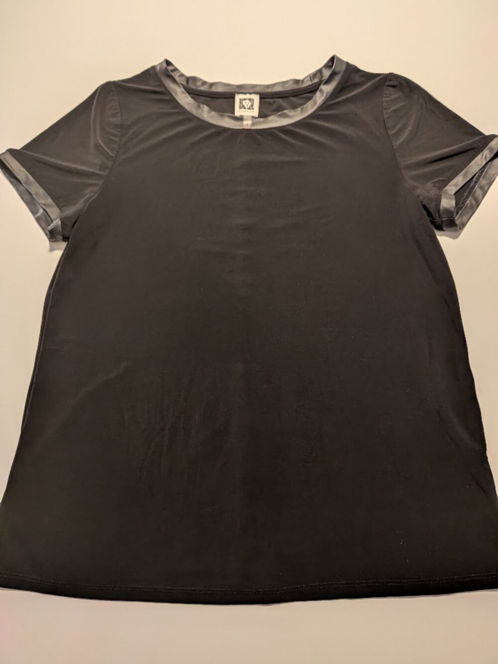 Anne Klein Satin Trim Blouse Black Short Sleeve Button Back Women’s M